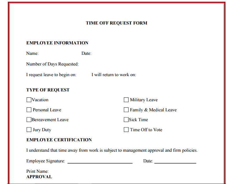 Free Employee Time Off Request Form Template