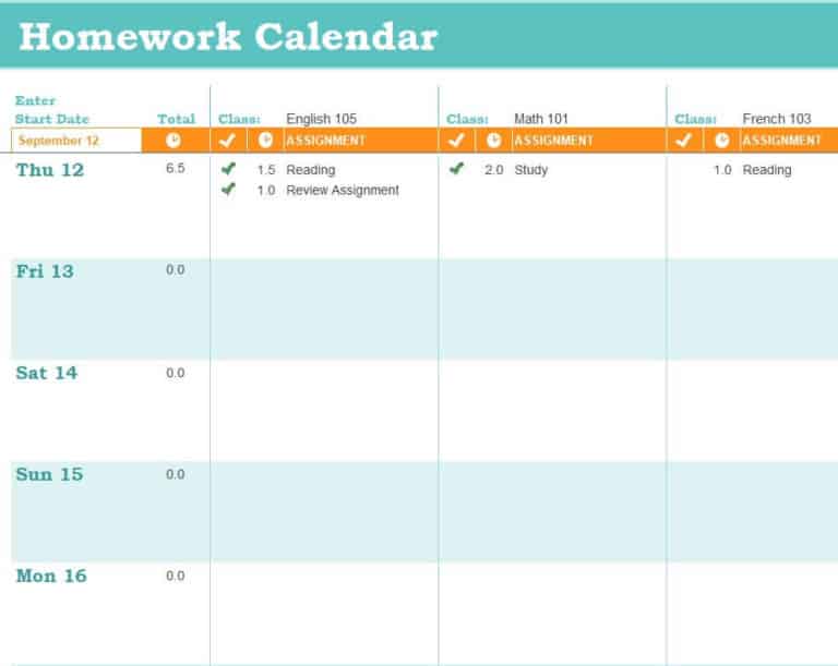 7 FREE Homework Calendar Templates [Excel, Word] - Excel Templates