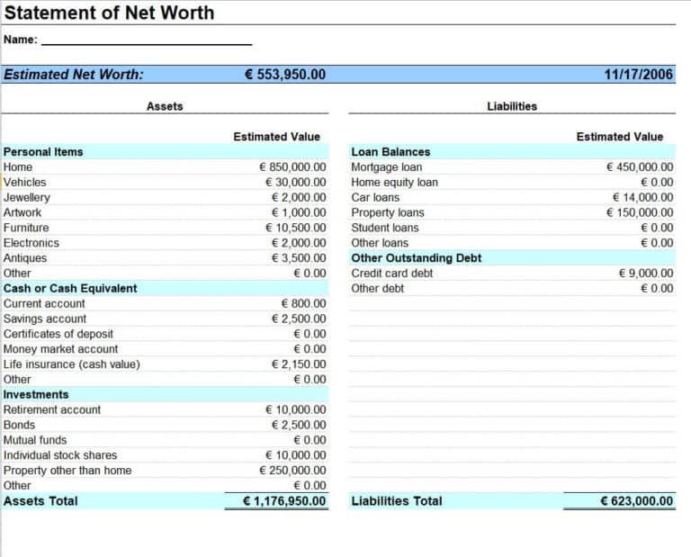 7 BEST Net Worth Statement EXCEL Templates Excel Templates