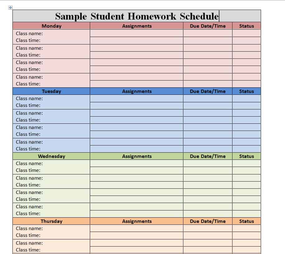 homework schedule template